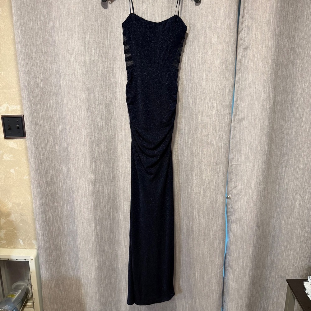 Seni & Cade Navy Blue Metallic Glitter Mesh Cutout Ruched Maxi Dress Small